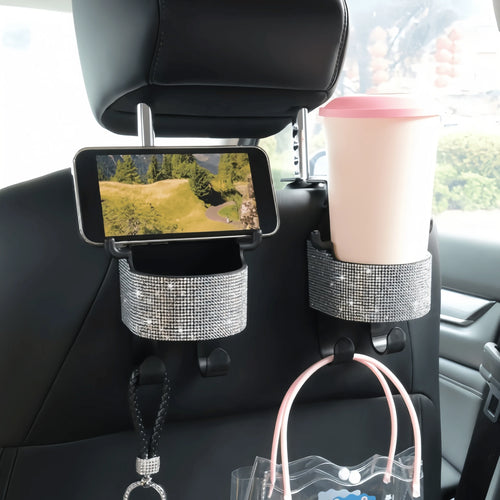 1pc New Rhinestone Multi-Function Car Seat Storage Bag With Cup Holder, 2-In-1 Car Hook, Easy Installation- Durable ABS Material Storage Bag, Convenient To Carry