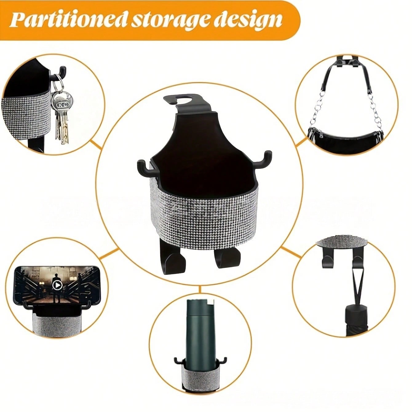 1pc New Rhinestone Multi-Function Car Seat Storage Bag With Cup Holder, 2-In-1 Car Hook, Easy Installation- Durable ABS Material Storage Bag, Convenient To Carry