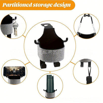 1pc New Rhinestone Multi-Function Car Seat Storage Bag With Cup Holder, 2-In-1 Car Hook, Easy Installation- Durable ABS Material Storage Bag, Convenient To Carry