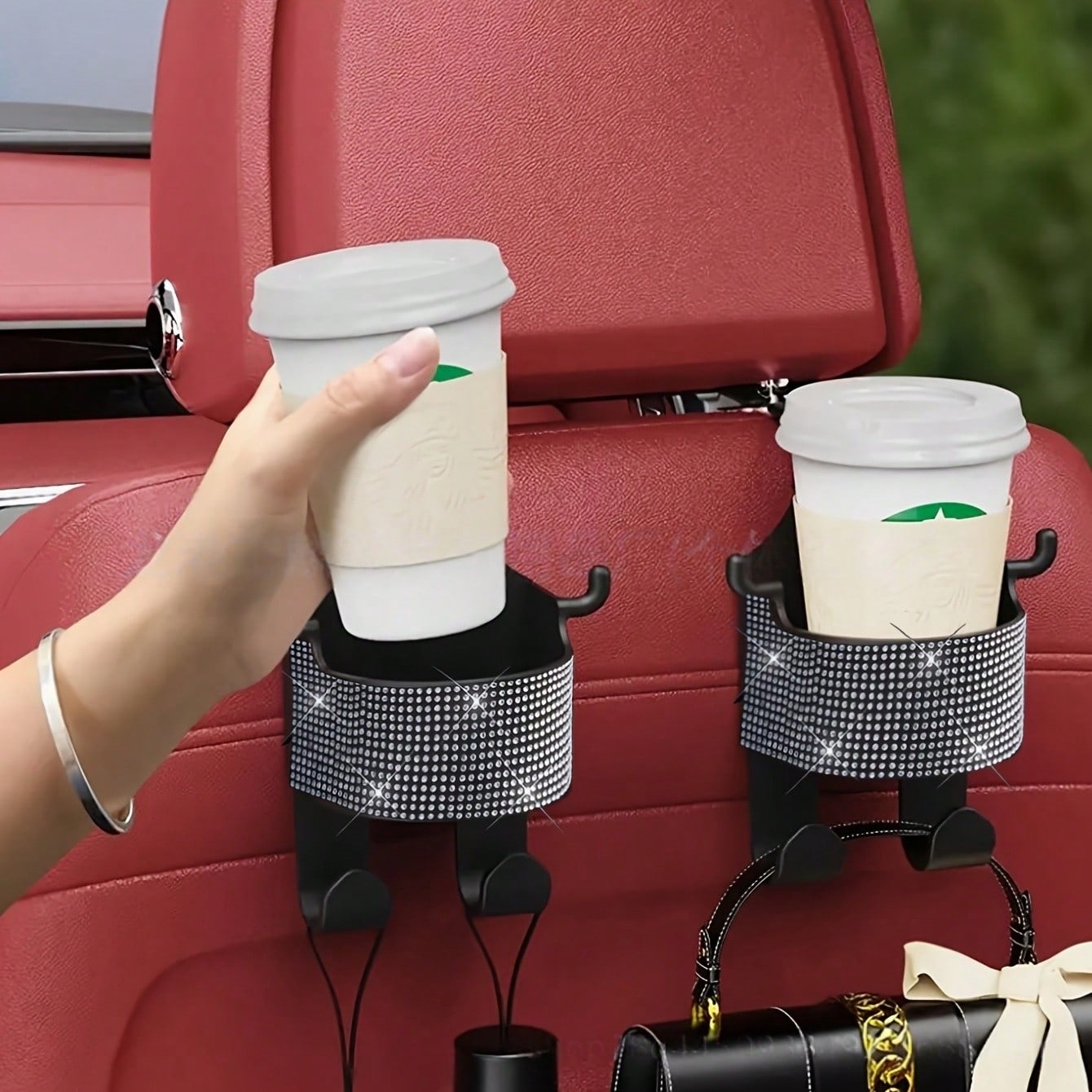 1pc New Rhinestone Multi-Function Car Seat Storage Bag With Cup Holder, 2-In-1 Car Hook, Easy Installation- Durable ABS Material Storage Bag, Convenient To Carry