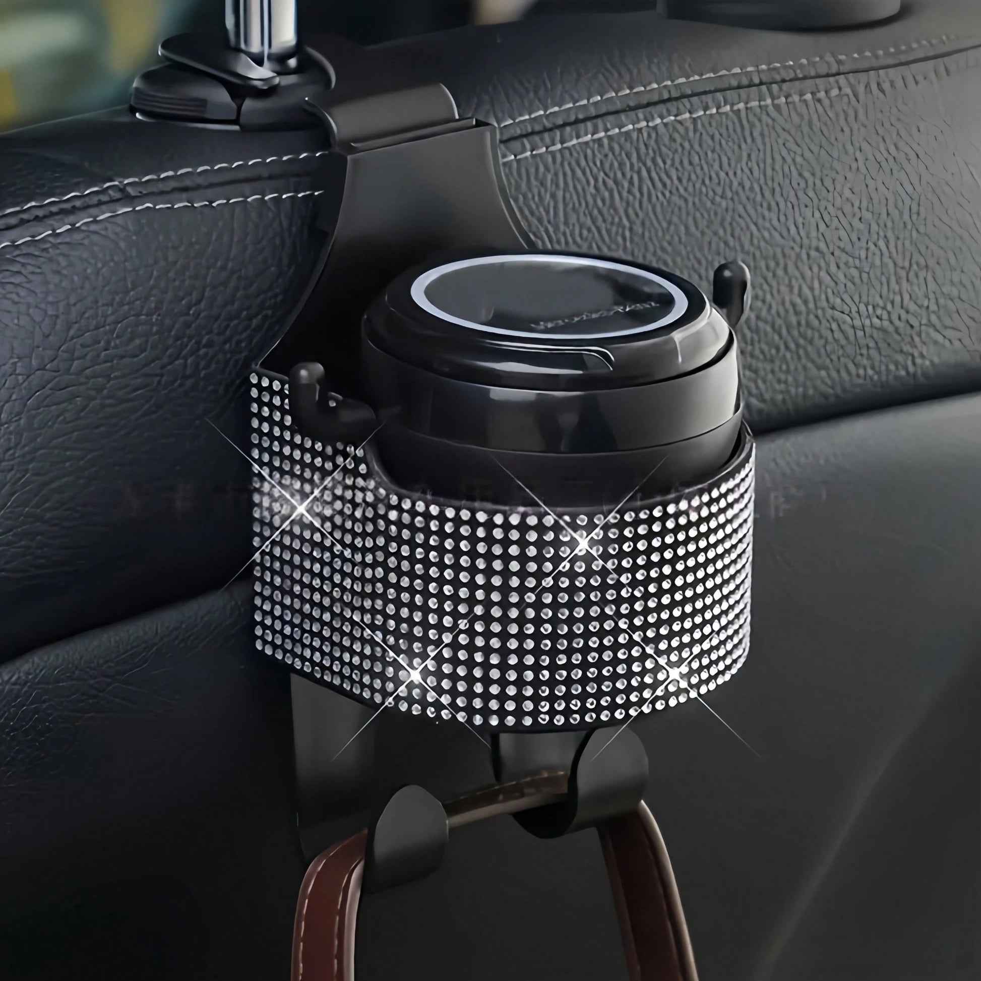 1pc New Rhinestone Multi-Function Car Seat Storage Bag With Cup Holder, 2-In-1 Car Hook, Easy Installation- Durable ABS Material Storage Bag, Convenient To Carry