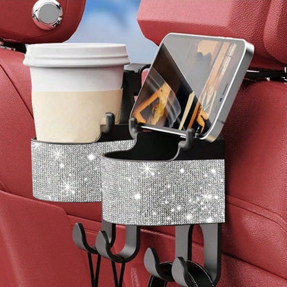 1pc New Rhinestone Multi-Function Car Seat Storage Bag With Cup Holder, 2-In-1 Car Hook, Easy Installation- Durable ABS Material Storage Bag, Convenient To Carry
