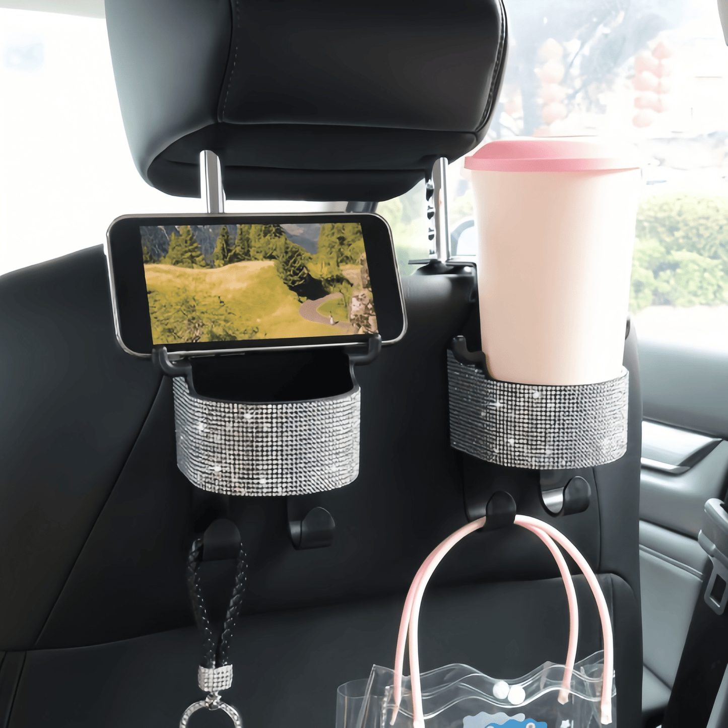 1pc New Rhinestone Multi-Function Car Seat Storage Bag With Cup Holder, 2-In-1 Car Hook, Easy Installation- Durable ABS Material Storage Bag, Convenient To Carry
