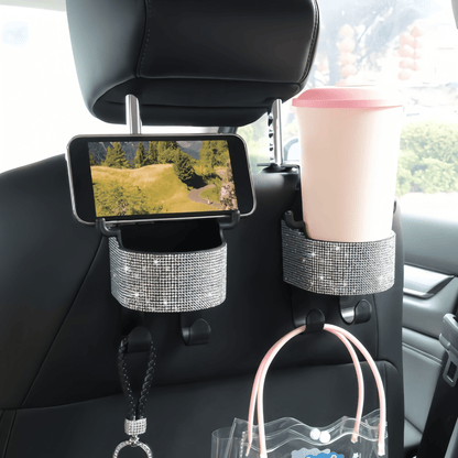 1pc New Rhinestone Multi-Function Car Seat Storage Bag With Cup Holder, 2-In-1 Car Hook, Easy Installation- Durable ABS Material Storage Bag, Convenient To Carry