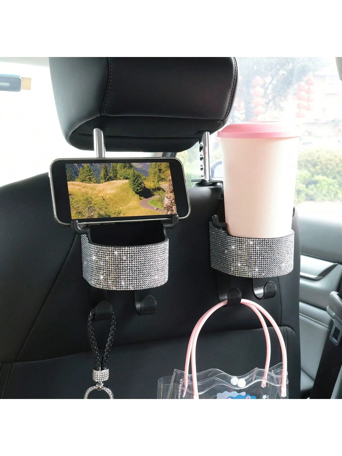 1pc New Rhinestone Multifunctional Car Seat Storage Bag With Cup Holder, 2-In-1 Car Hook, Easy Installation- Durable ABS Material Organizer, Portable