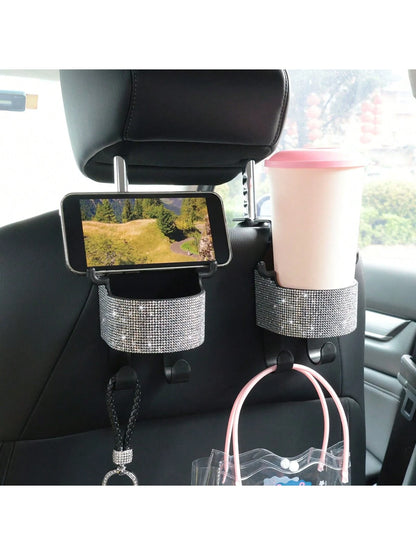 1pc New Rhinestone Multifunctional Car Seat Storage Bag With Cup Holder, 2-In-1 Car Hook, Easy Installation- Durable ABS Material Organizer, Portable