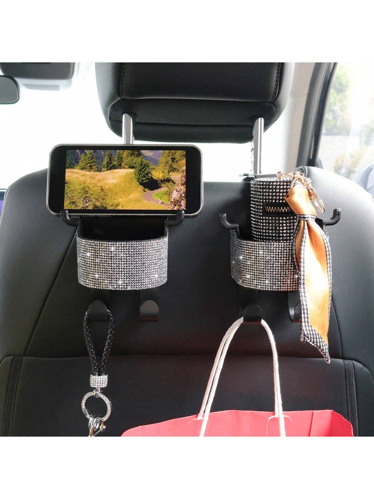 1pc New Rhinestone Multifunctional Car Seat Storage Bag With Cup Holder, 2-In-1 Car Hook, Easy Installation- Durable ABS Material Organizer, Portable