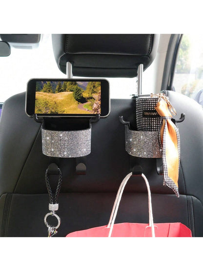 1pc New Rhinestone Multifunctional Car Seat Storage Bag With Cup Holder, 2-In-1 Car Hook, Easy Installation- Durable ABS Material Organizer, Portable