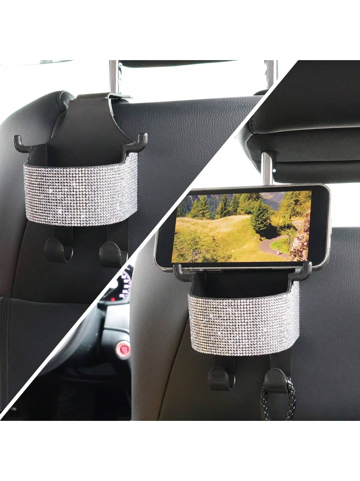 1pc New Rhinestone Multifunctional Car Seat Storage Bag With Cup Holder, 2-In-1 Car Hook, Easy Installation- Durable ABS Material Organizer, Portable