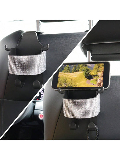 1pc New Rhinestone Multifunctional Car Seat Storage Bag With Cup Holder, 2-In-1 Car Hook, Easy Installation- Durable ABS Material Organizer, Portable