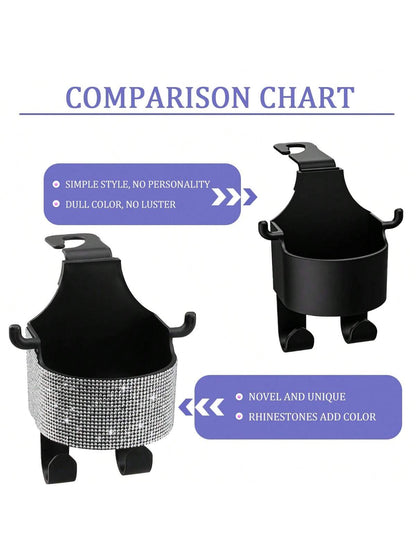 1pc New Rhinestone Multifunctional Car Seat Storage Bag With Cup Holder, 2-In-1 Car Hook, Easy Installation- Durable ABS Material Organizer, Portable