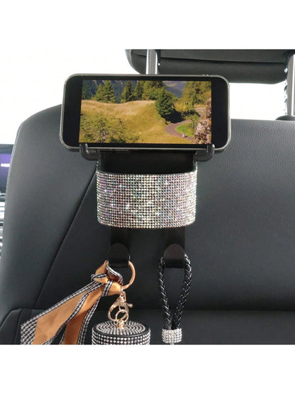 1pc New Rhinestone Multifunctional Car Seat Storage Bag With Cup Holder, 2-In-1 Car Hook, Easy Installation- Durable ABS Material Organizer, Portable