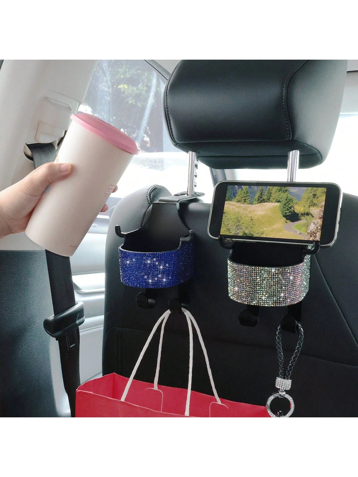1pc New Rhinestone Multifunctional Car Seat Storage Bag With Cup Holder, 2-In-1 Car Hook, Easy Installation- Durable ABS Material Organizer, Portable