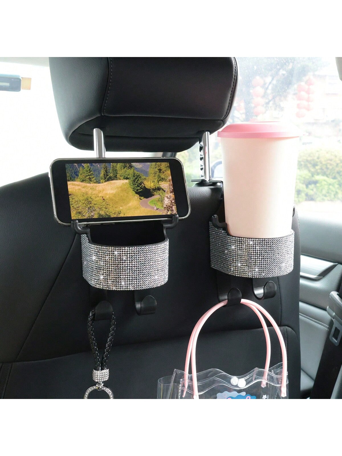 1pc New Rhinestone Multifunctional Car Seat Storage Bag With Cup Holder, 2-In-1 Car Hook, Easy Installation- Durable ABS Material Organizer, Portable
