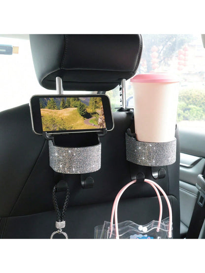 1pc New Rhinestone Multifunctional Car Seat Storage Bag With Cup Holder, 2-In-1 Car Hook, Easy Installation- Durable ABS Material Organizer, Portable