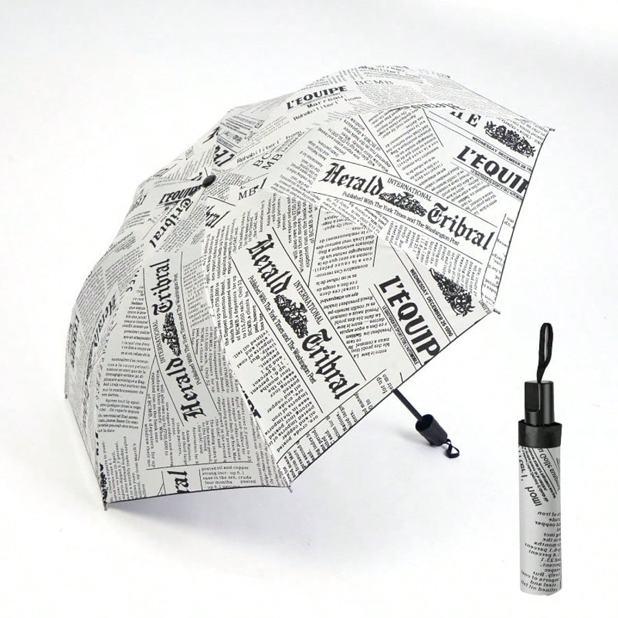 1pc Newspaper Print Umbrella- Compact Folding Umbrella With 8 Reinforced Ribs, Foldable Newspaper Canopy, Portable For Handbag/Briefcase- Realistic Newspaper Page Design