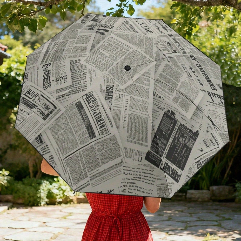 1pc Newspaper Print Umbrella- Compact Folding Umbrella With 8 Reinforced Ribs, Foldable Newspaper Canopy, Portable For Handbag/Briefcase- Realistic Newspaper Page Design