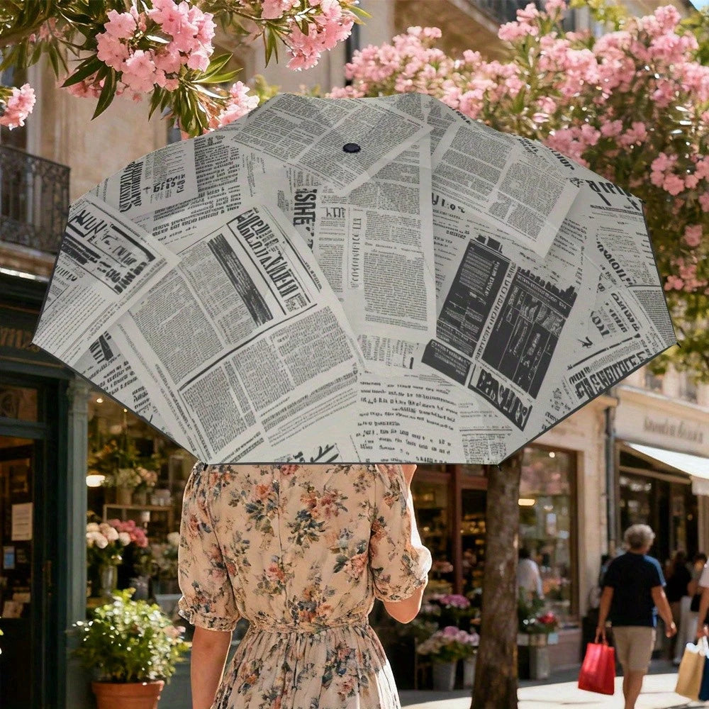 1pc Newspaper Print Umbrella- Compact Folding Umbrella With 8 Reinforced Ribs, Foldable Newspaper Canopy, Portable For Handbag/Briefcase- Realistic Newspaper Page Design