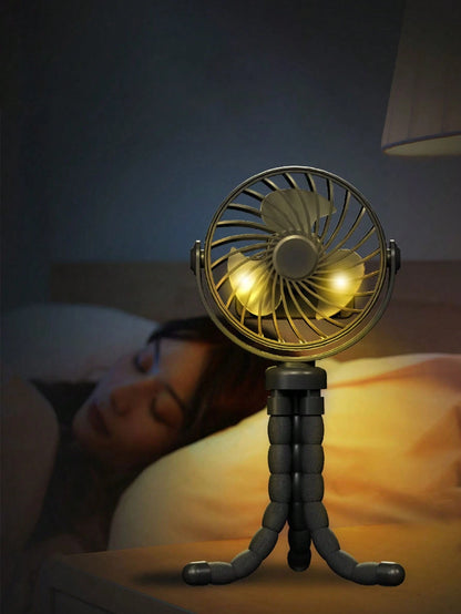 1pc Octopus Stroller Fan, USB Rechargeable Portable Quiet Fan, Mini Handheld Foldable Travel Fan With LED Night Light, 3 Wind Speeds, Suitable For Indoor/Outdoor, Multifunctional Desk Fan, Adjustable