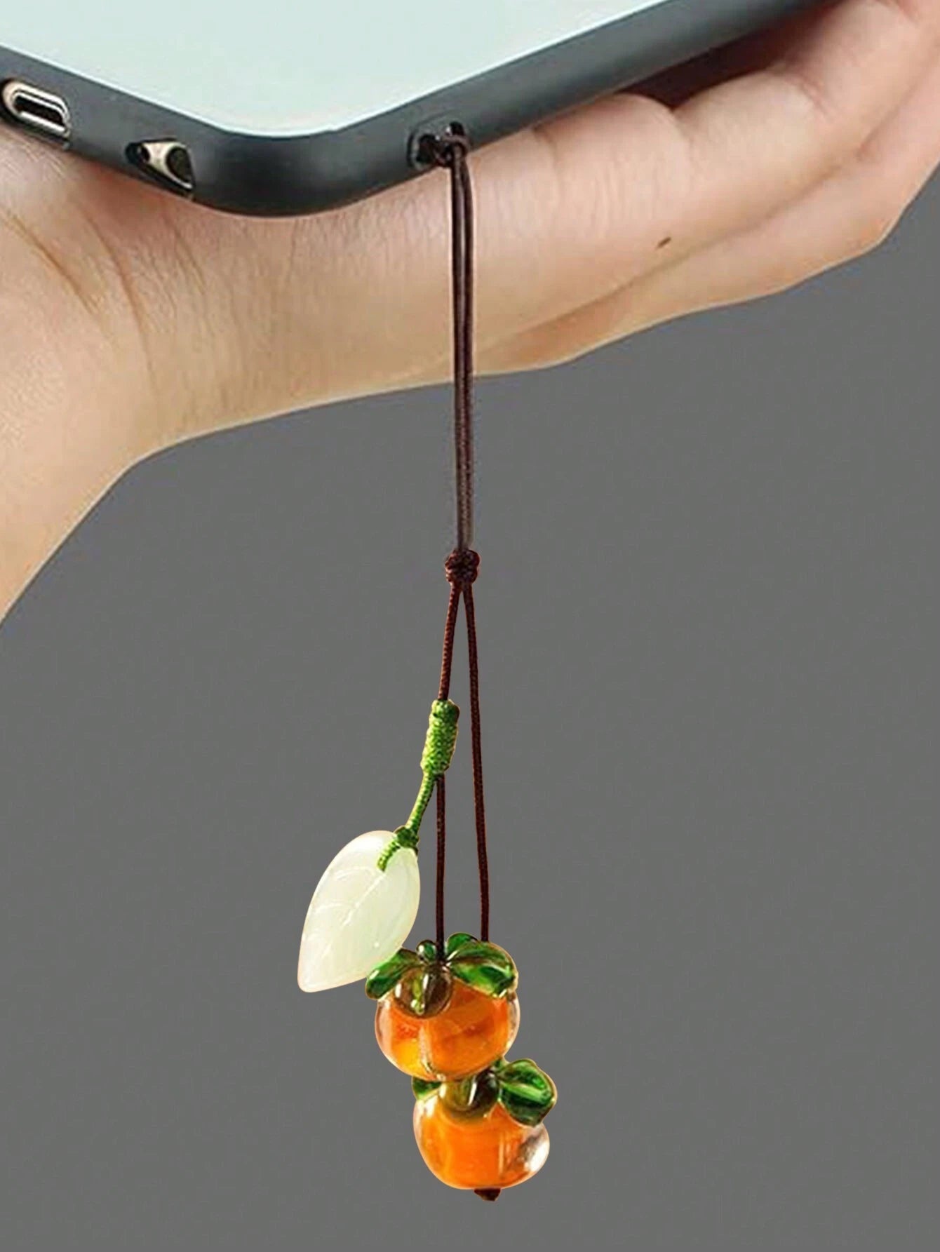 1pc Orange Glass Persimmon Shaped Cellphone Strap, Vintage Jade Leaf Keychain Pendant Accessory, Suitable For Phone Or Car Key Decoration Gifts For Mother, Family, Friends, Birthday, Holiday Phone Cha