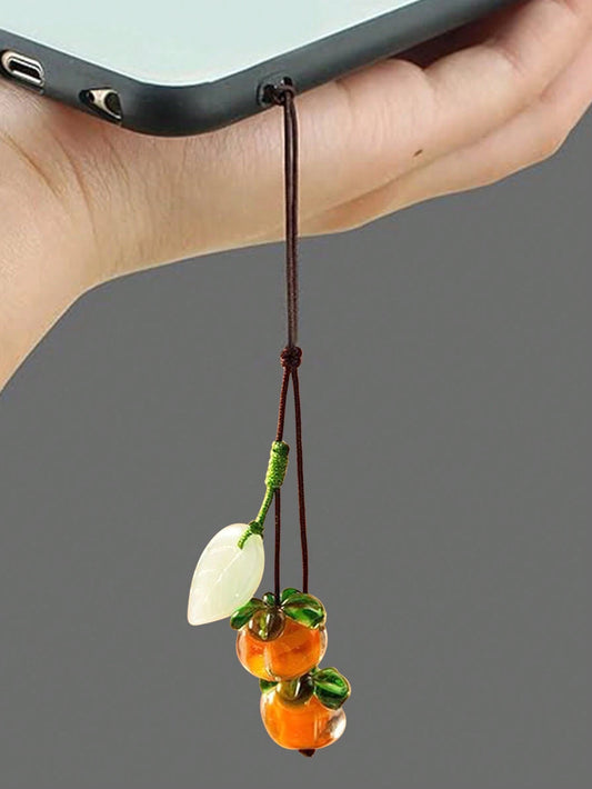 1pc Orange Glass Persimmon Shaped Cellphone Strap, Vintage Jade Leaf Keychain Pendant Accessory, Suitable For Phone Or Car Key Decoration Gifts For Mother, Family, Friends, Birthday, Holiday Phone Cha