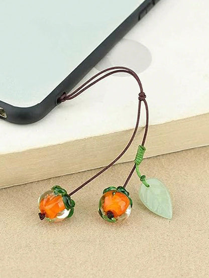 1pc Orange Glass Persimmon Shaped Cellphone Strap, Vintage Jade Leaf Keychain Pendant Accessory, Suitable For Phone Or Car Key Decoration Gifts For Mother, Family, Friends, Birthday, Holiday Phone Cha