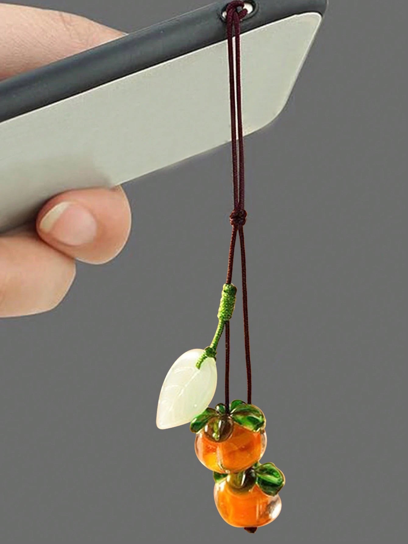 1pc Orange Glass Persimmon Shaped Cellphone Strap, Vintage Jade Leaf Keychain Pendant Accessory, Suitable For Phone Or Car Key Decoration Gifts For Mother, Family, Friends, Birthday, Holiday Phone Cha