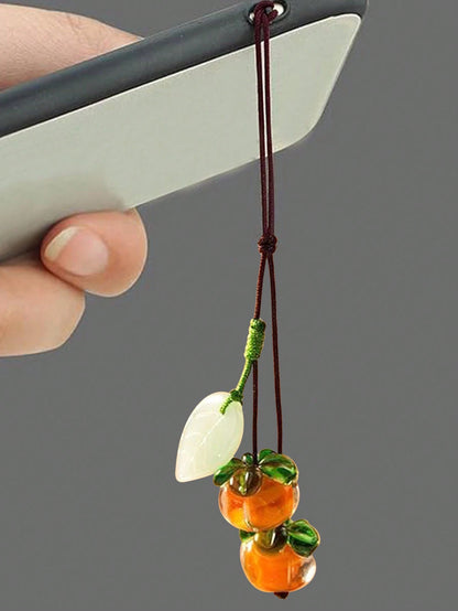 1pc Orange Glass Persimmon Shaped Cellphone Strap, Vintage Jade Leaf Keychain Pendant Accessory, Suitable For Phone Or Car Key Decoration Gifts For Mother, Family, Friends, Birthday, Holiday Phone Cha