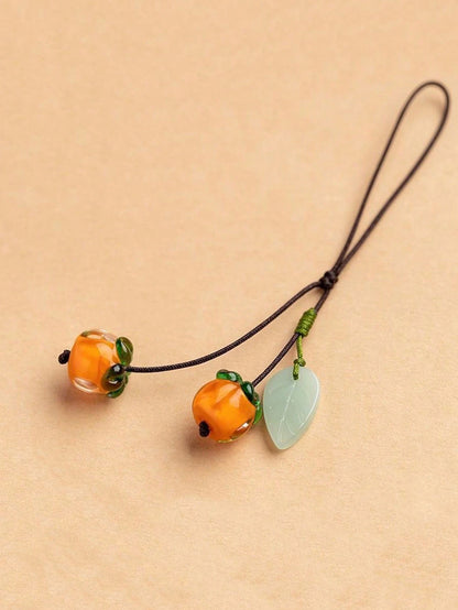 1pc Orange Glass Persimmon Shaped Cellphone Strap, Vintage Jade Leaf Keychain Pendant Accessory, Suitable For Phone Or Car Key Decoration Gifts For Mother, Family, Friends, Birthday, Holiday Phone Cha