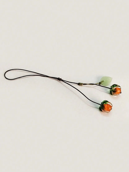 1pc Orange Glass Persimmon Shaped Cellphone Strap, Vintage Jade Leaf Keychain Pendant Accessory, Suitable For Phone Or Car Key Decoration Gifts For Mother, Family, Friends, Birthday, Holiday Phone Cha