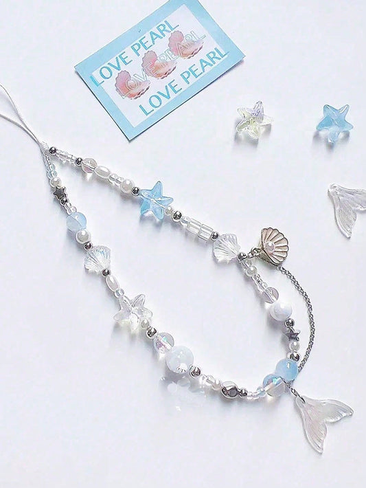 1pc Original Self-Made Mermaid Princess Shell Pendant Mobile Phone Lange Handmade Diy Beaded Ccd Chain Camera Chain Gifts For Mother, Family, Friends, Birthday, Holiday Phone Charm, Phone Chain