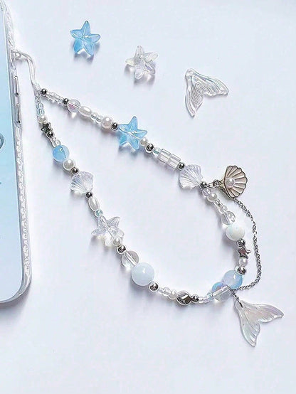 1pc Original Self-Made Mermaid Princess Shell Pendant Mobile Phone Lange Handmade Diy Beaded Ccd Chain Camera Chain Gifts For Mother, Family, Friends, Birthday, Holiday Phone Charm, Phone Chain