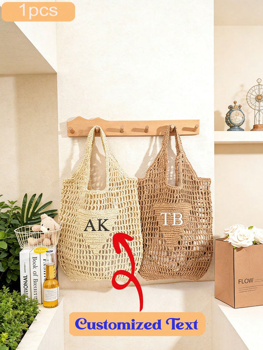 1pc Personalized Beach Bag, Embroidered Letter Pattern Straw Tote Bag, Suitable For Party Favors, Bachelorette Gifts, Bridesmaid Gifts, Fashionable Straw Bag, Mother's Day Gift