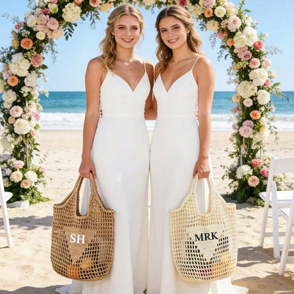 1pc Personalized Beach Bag, Embroidered Letter Pattern Straw Tote Bag, Suitable For Party Favors, Bachelorette Gifts, Bridesmaid Gifts, Fashionable Straw Bag, Mother's Day Gift