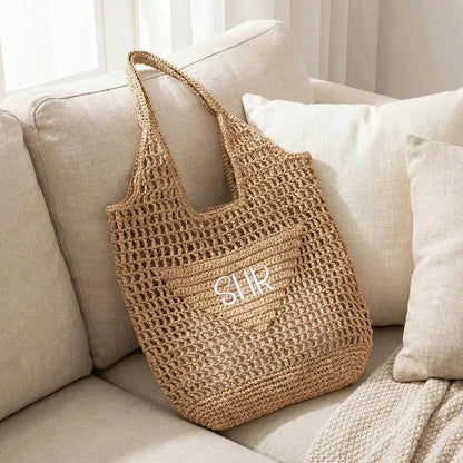 1pc Personalized Beach Bag, Embroidered Letter Pattern Straw Tote Bag, Suitable For Party Favors, Bachelorette Gifts, Bridesmaid Gifts, Fashionable Straw Bag, Mother's Day Gift