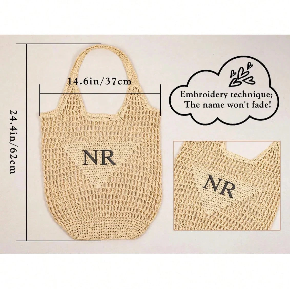 1pc Personalized Beach Bag, Embroidered Letter Pattern Straw Tote Bag, Suitable For Party Favors, Bachelorette Gifts, Bridesmaid Gifts, Fashionable Straw Bag, Mother's Day Gift
