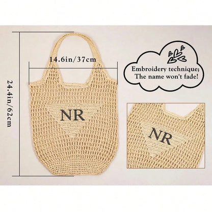 1pc Personalized Beach Bag, Embroidered Letter Pattern Straw Tote Bag, Suitable For Party Favors, Bachelorette Gifts, Bridesmaid Gifts, Fashionable Straw Bag, Mother's Day Gift