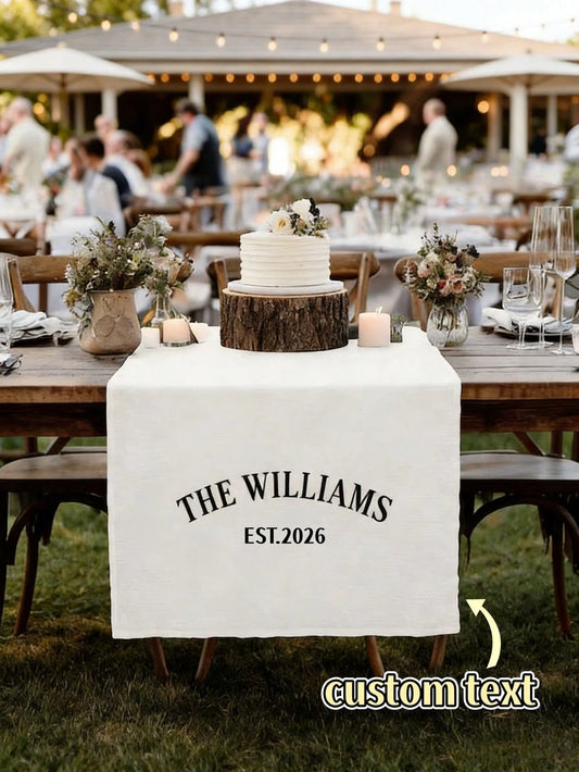 1pc Personalized Family Name Wedding Table Runner- Linen Banner, Bride & Groom Sweetheart Table Decor, Wedding Reception, Valentine's Day, Anniversary