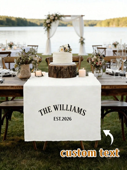 1pc Personalized Family Name Wedding Table Runner- Linen Banner, Bride & Groom Sweetheart Table Decor, Wedding Reception, Valentine's Day, Anniversary