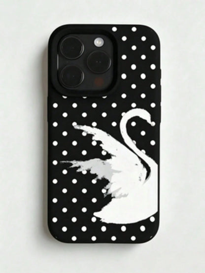 1pc Personalized Swan Polka Dot Graphic Aesthetic Pattern Black Liquid Straight Edge Phone Case Compatible With IPhone 16/16Pro/16Plus