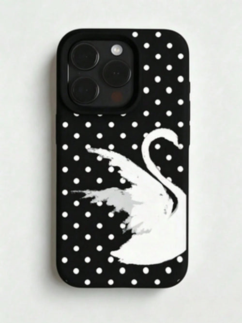 1pc Personalized Swan Polka Dot Graphic Aesthetic Pattern Black Liquid Straight Edge Phone Case Compatible With IPhone 16/16Pro/16Plus