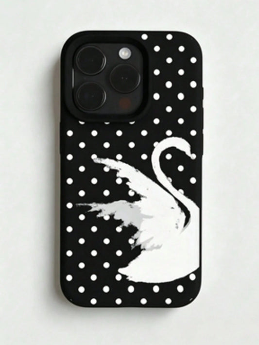 1pc Personalized Swan Polka Dot Graphic Aesthetic Pattern Black Liquid Straight Edge Phone Case Compatible With IPhone 16/16Pro/16Plus