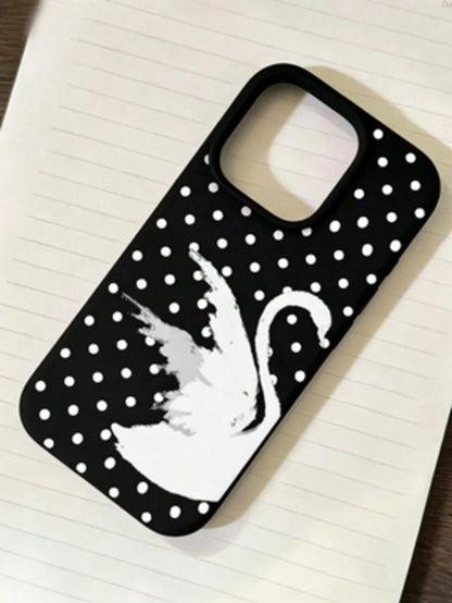 1pc Personalized Swan Polka Dot Graphic Aesthetic Pattern Black Liquid Straight Edge Phone Case Compatible With IPhone 16/16Pro/16Plus