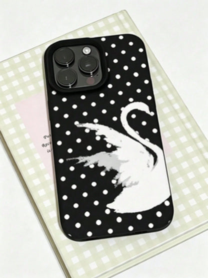 1pc Personalized Swan Polka Dot Graphic Aesthetic Pattern Black Liquid Straight Edge Phone Case Compatible With IPhone 16/16Pro/16Plus