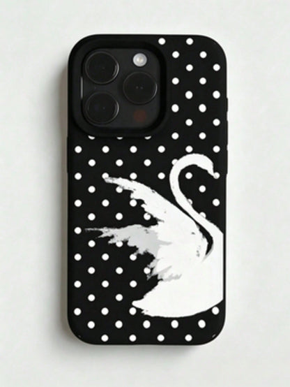 1pc Personalized Swan Polka Dot Graphic Aesthetic Pattern Black Liquid Straight Edge Phone Case Compatible With IPhone 16/16Pro/16Plus