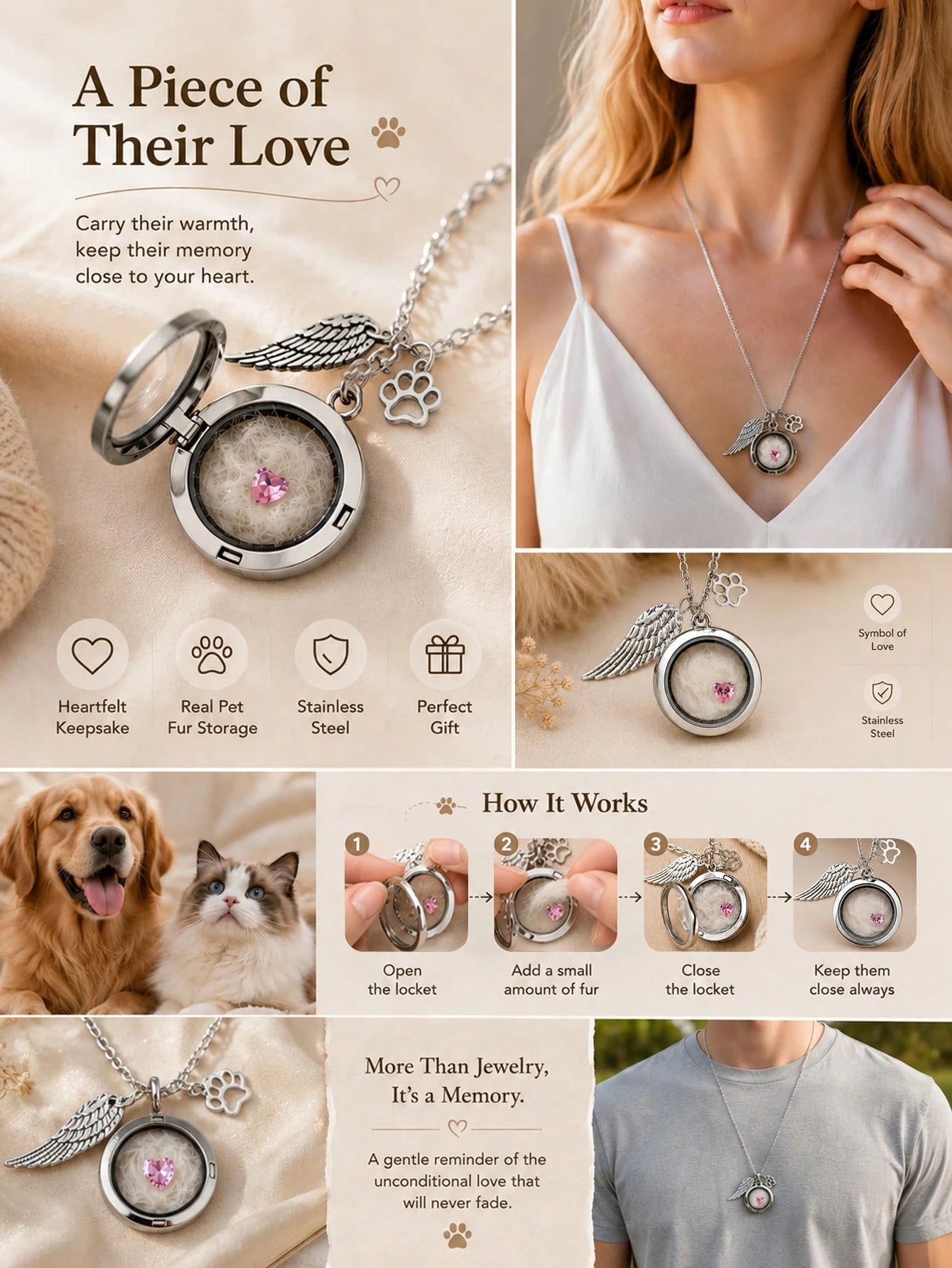1pc Pet Hair Keepsake Necklace, Cat Dog Hair Memorial Pendant, Pet Memorial Jewelry, Birthstone Memorial Beads, Living Memory Necklace, Pet Loss Gift