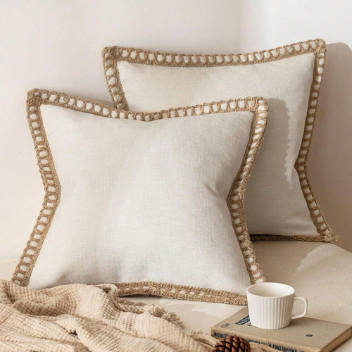 1pc (Pillow Insert Not Included) Faux Linen Rope Trimmed Throw Pillow Cover, Coarse Linen-Like Fabric, Farmhouse Style Suitable For Living Room, Bedroom, Dining Room, Patio, Wedding Decor, Home Soft F