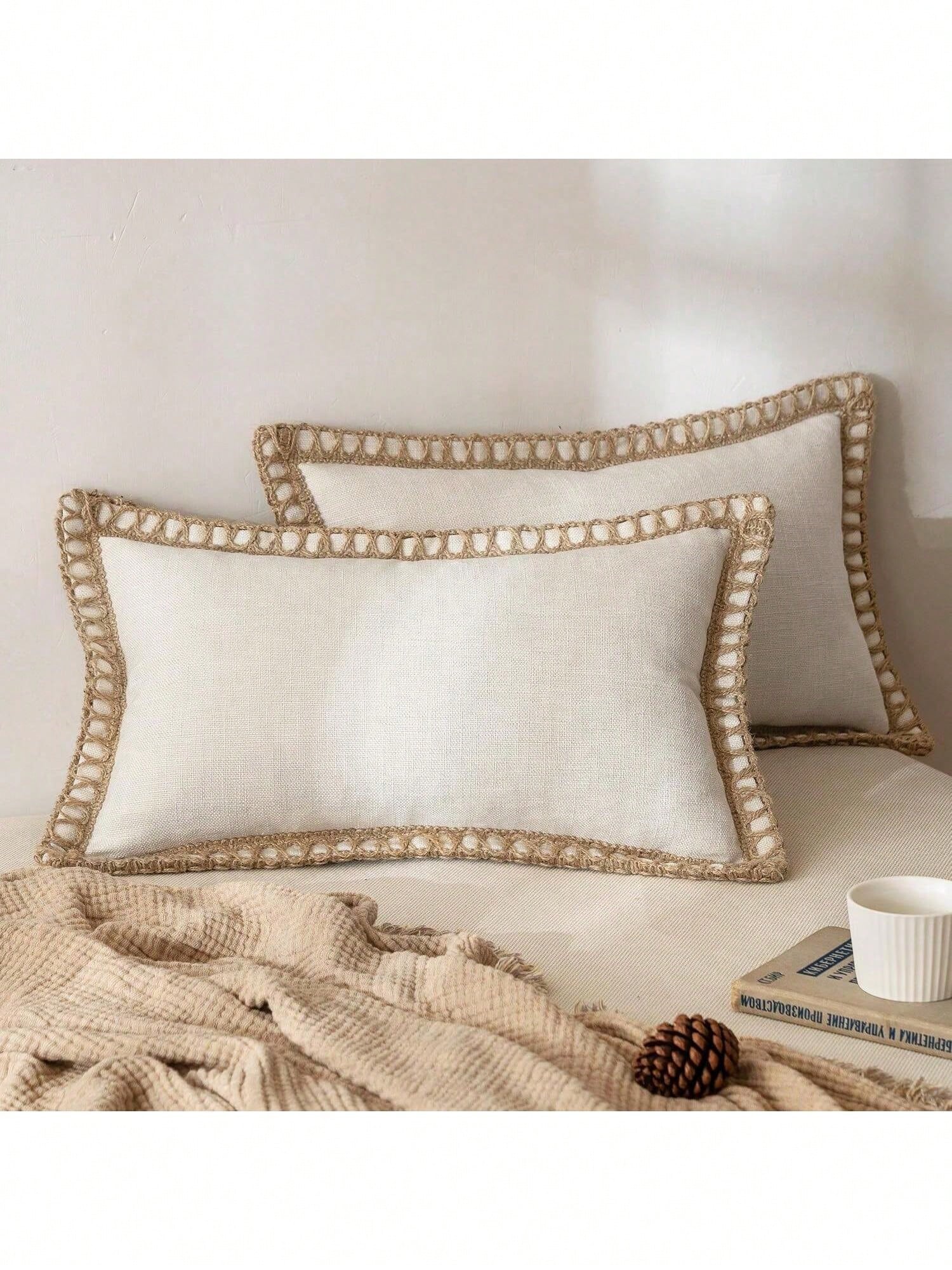 1pc (Pillow Insert Not Included) Faux Linen Rope Trimmed Throw Pillow Cover, Coarse Linen-Like Fabric, Farmhouse Style Suitable For Living Room, Bedroom, Dining Room, Patio, Wedding Decor, Home Soft F
