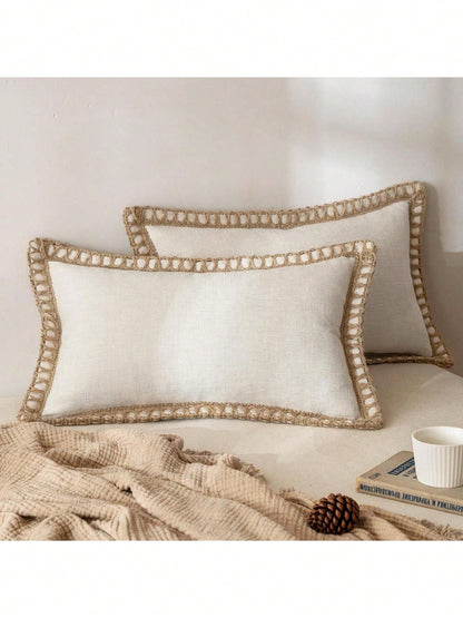 1pc (Pillow Insert Not Included) Faux Linen Rope Trimmed Throw Pillow Cover, Coarse Linen-Like Fabric, Farmhouse Style Suitable For Living Room, Bedroom, Dining Room, Patio, Wedding Decor, Home Soft F
