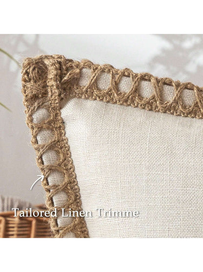 1pc (Pillow Insert Not Included) Faux Linen Rope Trimmed Throw Pillow Cover, Coarse Linen-Like Fabric, Farmhouse Style Suitable For Living Room, Bedroom, Dining Room, Patio, Wedding Decor, Home Soft F